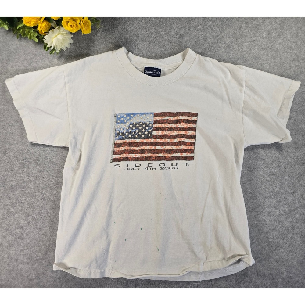 Vintage Y2K Sideout Tee White July 4th 2000 American Flag TShirt Grunge Kids Med